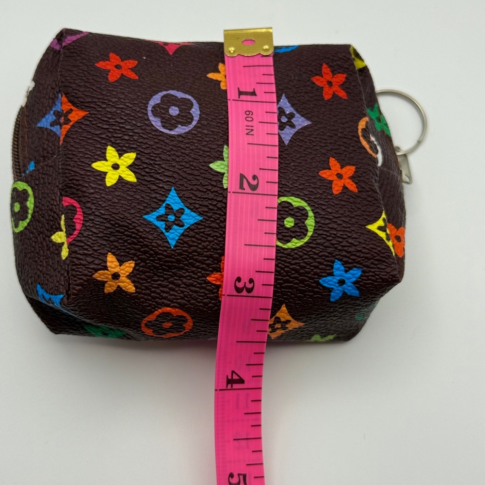 Small Zipper Pouch Cosmetic Bag Keychain Colorful Monogram Pattern Brown - Picture 5 of 5